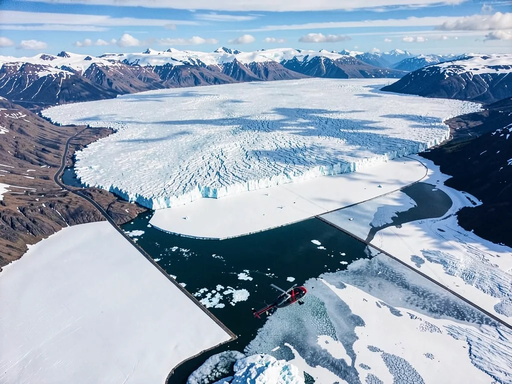 The Columbia Icefield from helicopter height, entire flow from neve to terminus 