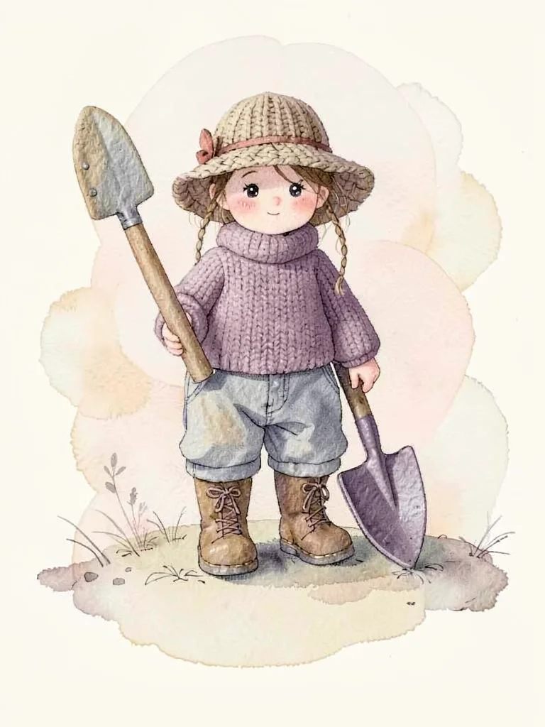 Boots-wearing soft-plum knit gardener figure with a felted trowel and a knit sun