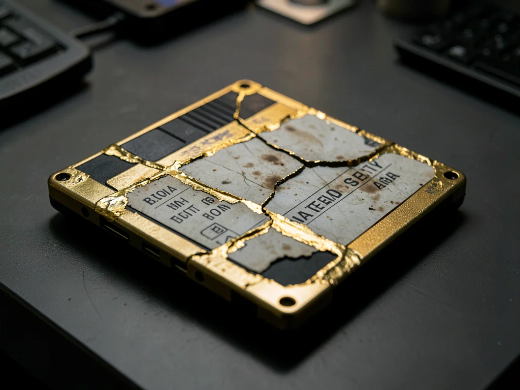Damaged floppy disk with gold-repaired casing, label faded and peeling