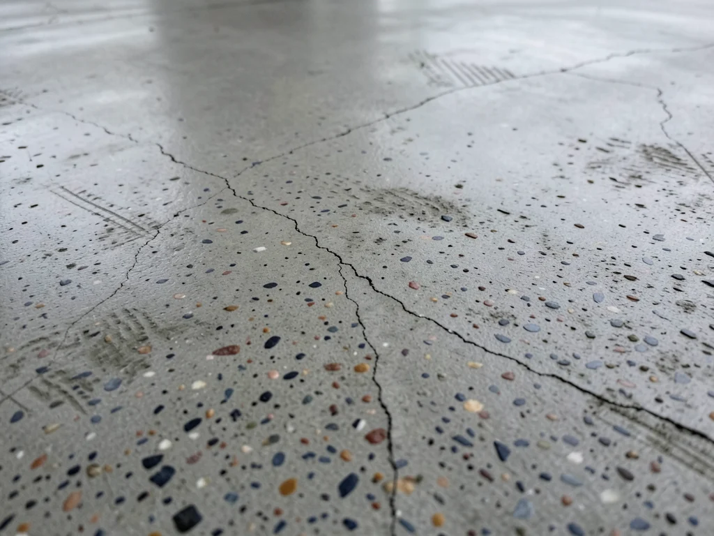 Polished concrete floor, ground smooth revealing aggregate cross-sections, terra