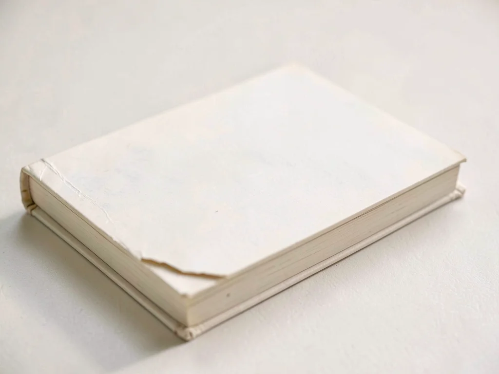 A single closed paperback book lies flat showing creased spine and softly bent c