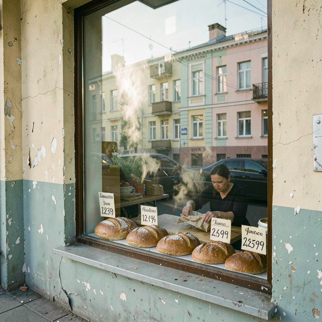 Post-Soviet urban photography, Fresh bread displayed in a small bakery window, t