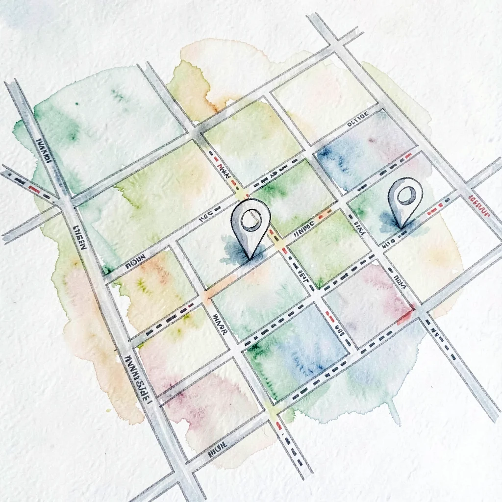Hand-drawn route map illustration of a downtown grid with three drop pins and da