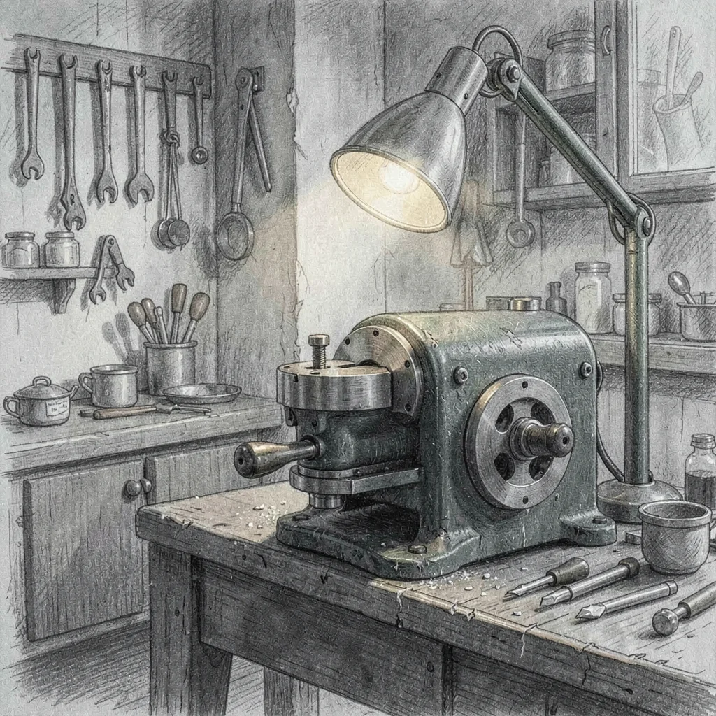 Hands-on workshop scene of a metal lathe in a dim shop, single warm task lamp gl