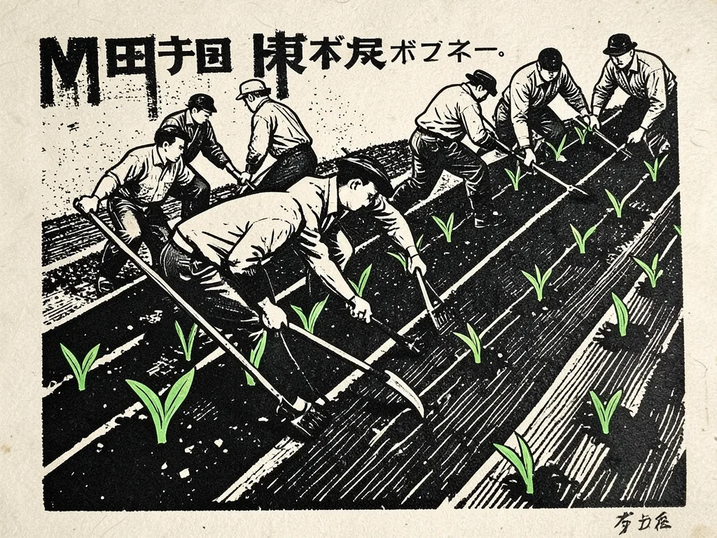 A dynamic diagonal composition of spring laborers planting seedlings in rows, bo