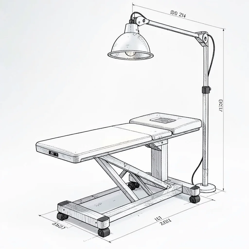 Blueprint study of a clinic exam table with overhead lamp, fine technical perspe