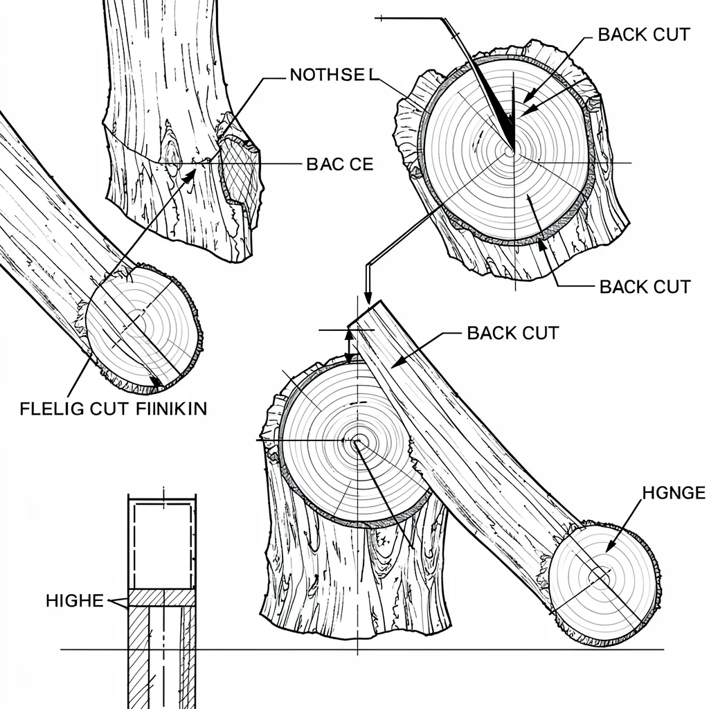 Blueprint of a felling cut sequence showing notch, back-cut, and hinge, abstract