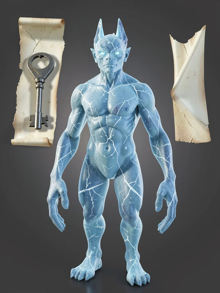 Ice-blue glacier-being with translucent body veined in soft white frost-cracks a
