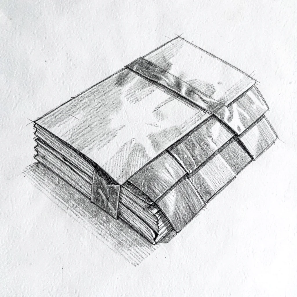 Pen-and-ink rendering of a bundle of architectural shingles bound with tar paper