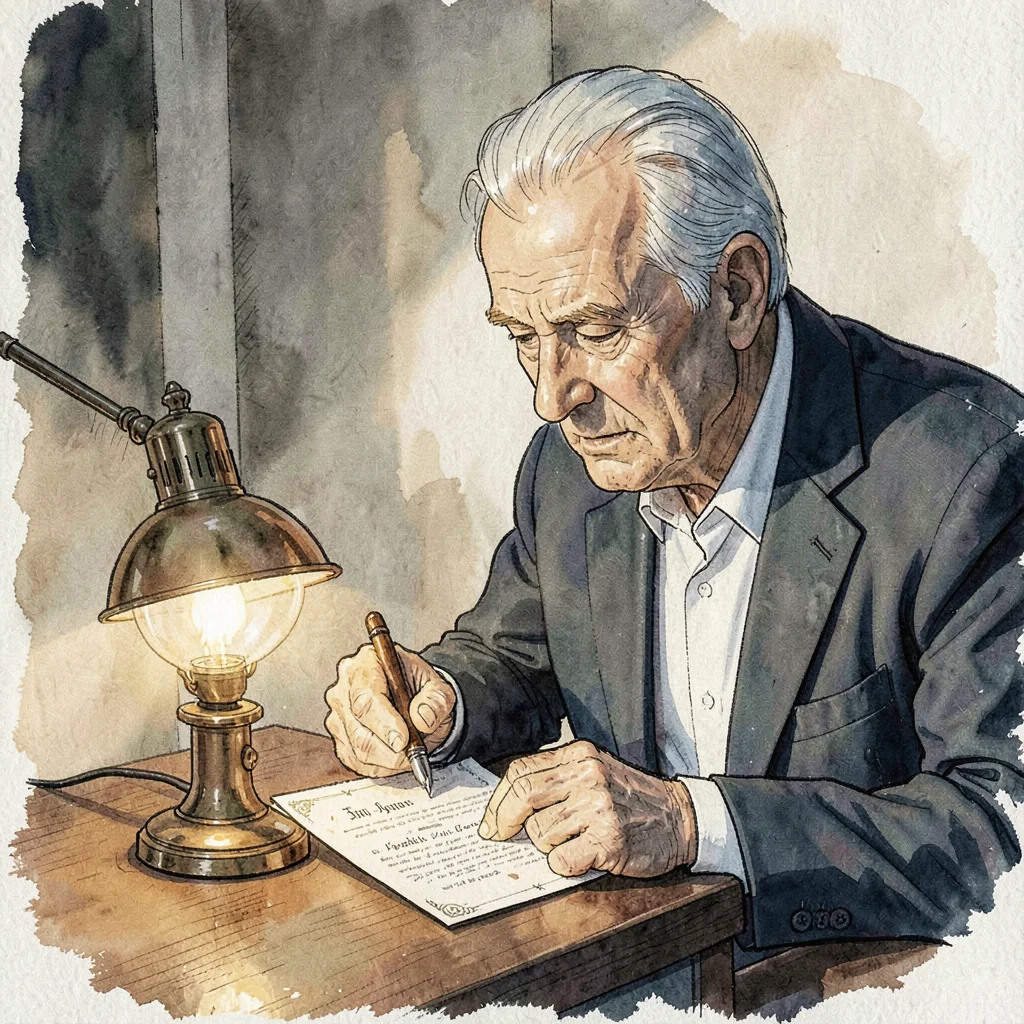 A focused white registrar in his fifties stamping a small certificate, lamp on t
