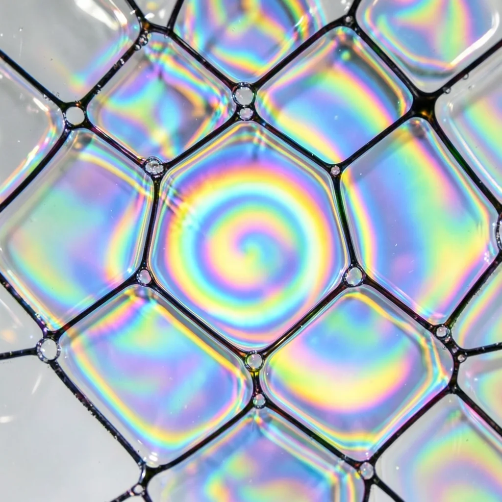 Soap bubble cluster seen from inside, surrounding bubbles creating faceted geome