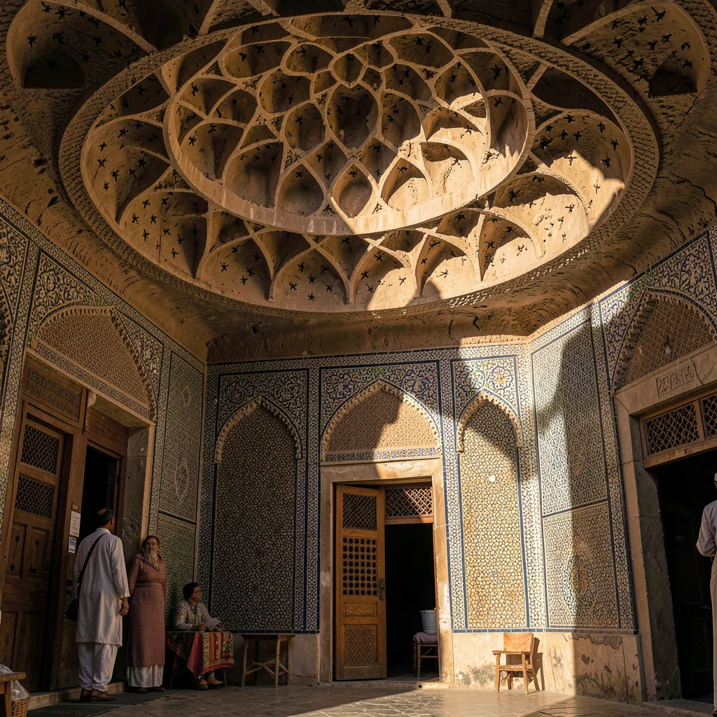 Geometric shadow play in Marrakech medina, stucco muqarnas ceiling catching gold