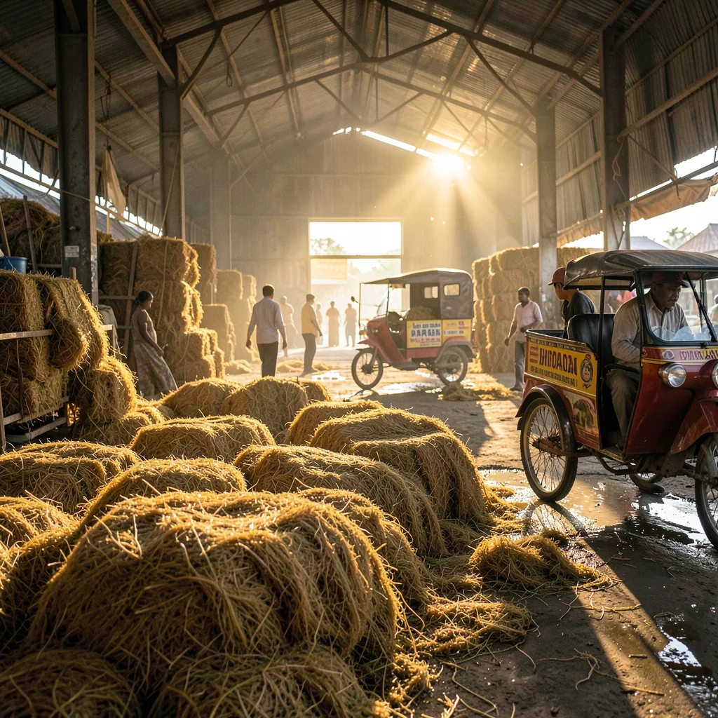 Kinetic density of Dhaka, Bangladesh, Jute fiber drying in warehouse, golden tex
