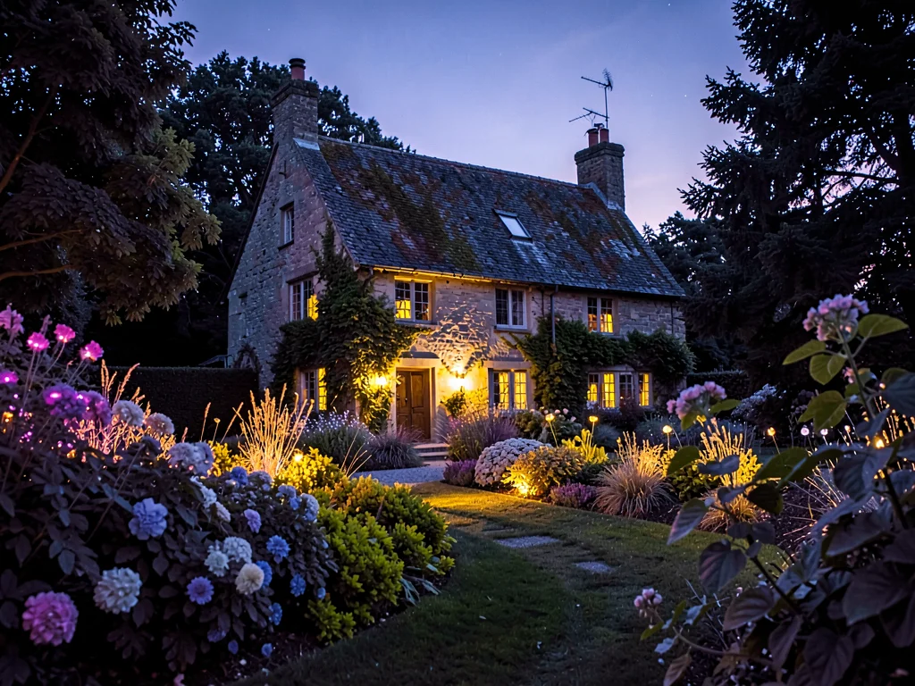 Cottage surrounded by glowing garden