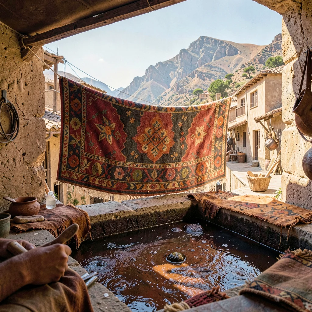 Through the Fes tannery eye, leather and dye craft, Berber carpet hanging in a m