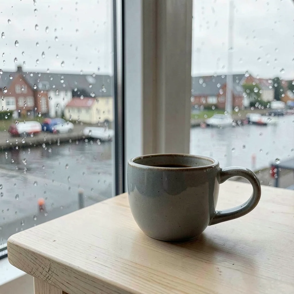 Comfortable grey harbor light in Gothenburg, Sweden, a ceramic coffee cup on a l
