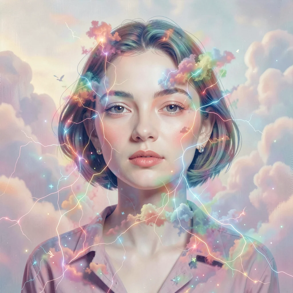 Neural network style illustration, dreamlike portrait with merged features , dif