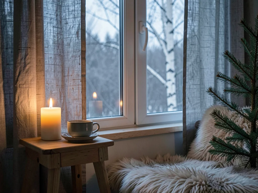 Pine Table and Candle at Grey Winter Window