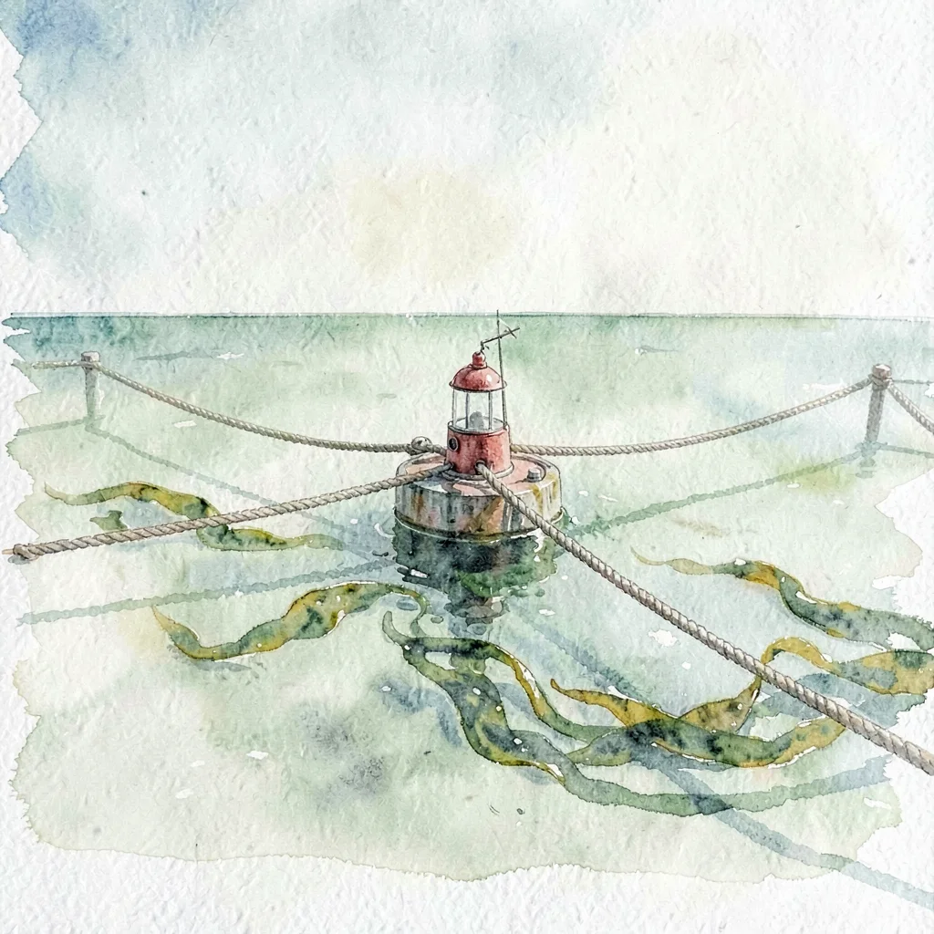 Wide marine view of a roped-off marine protected area buoy, kelp swirling beneat