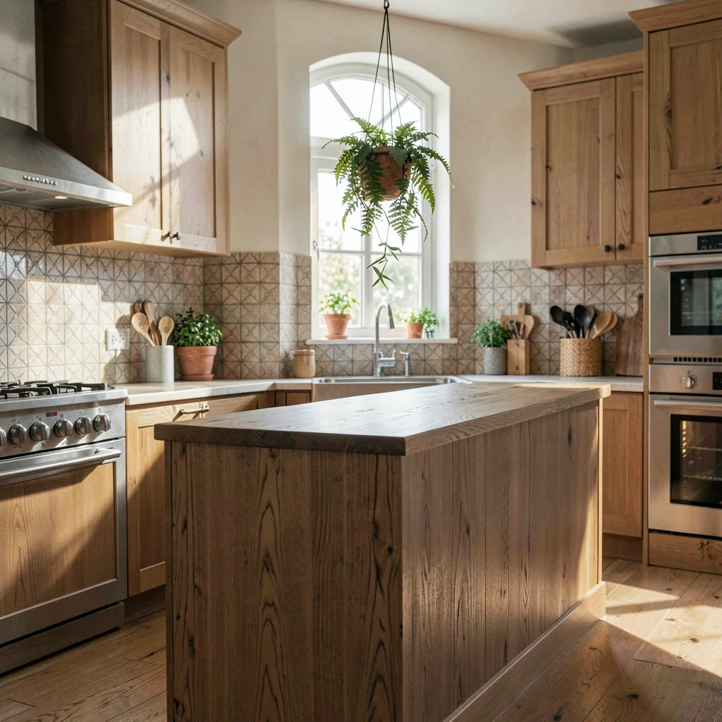 Interior of a kitchen with a teak peninsula and a Heath-tile backsplash, soft da
