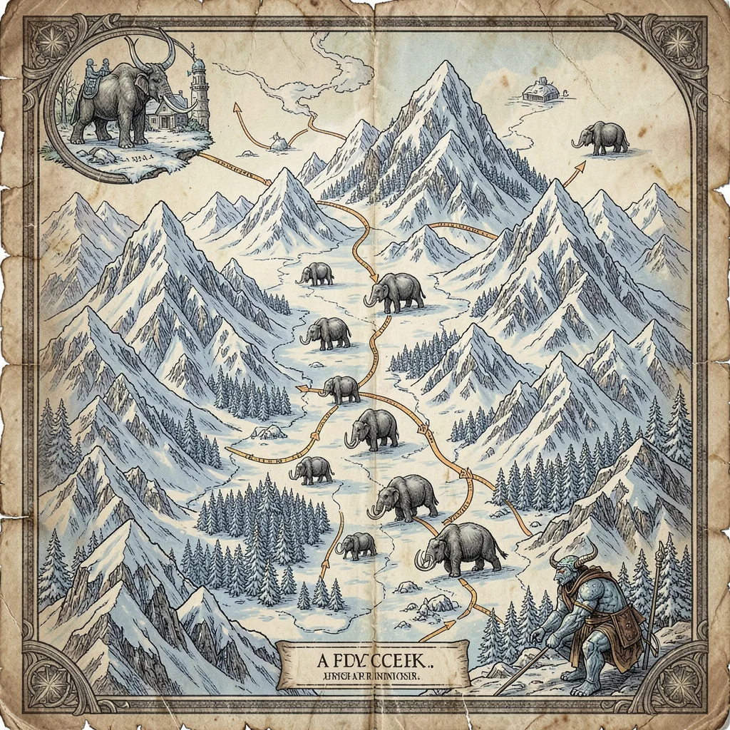 Fantasy map illustration, a frozen north map with glaciers, mammoth migration ro