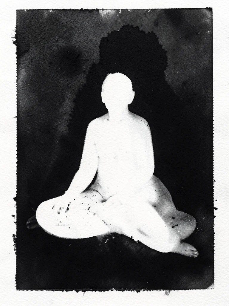 First pull monoprint, rich black ink field with areas wiped to reveal a seated f