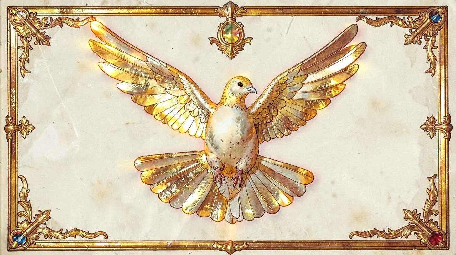 Gold leaf illuminated illustration, dove descending , burnished gold leaf areas,