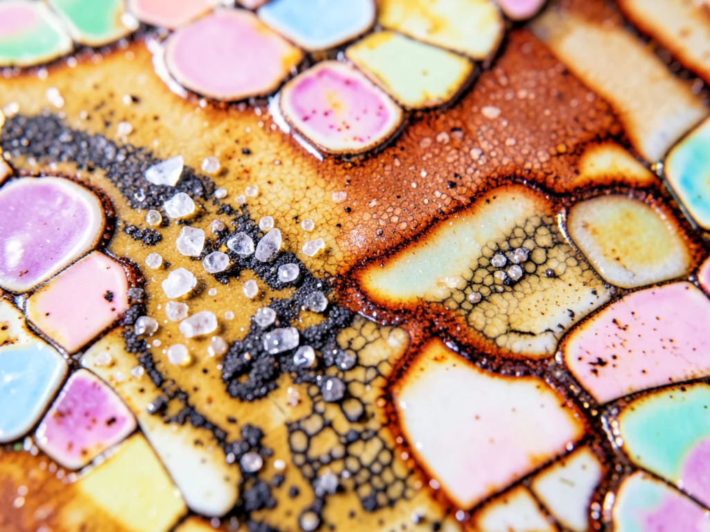 Ceramic tile mosaic in spring pastel colors, cherry blossom pattern emerging
