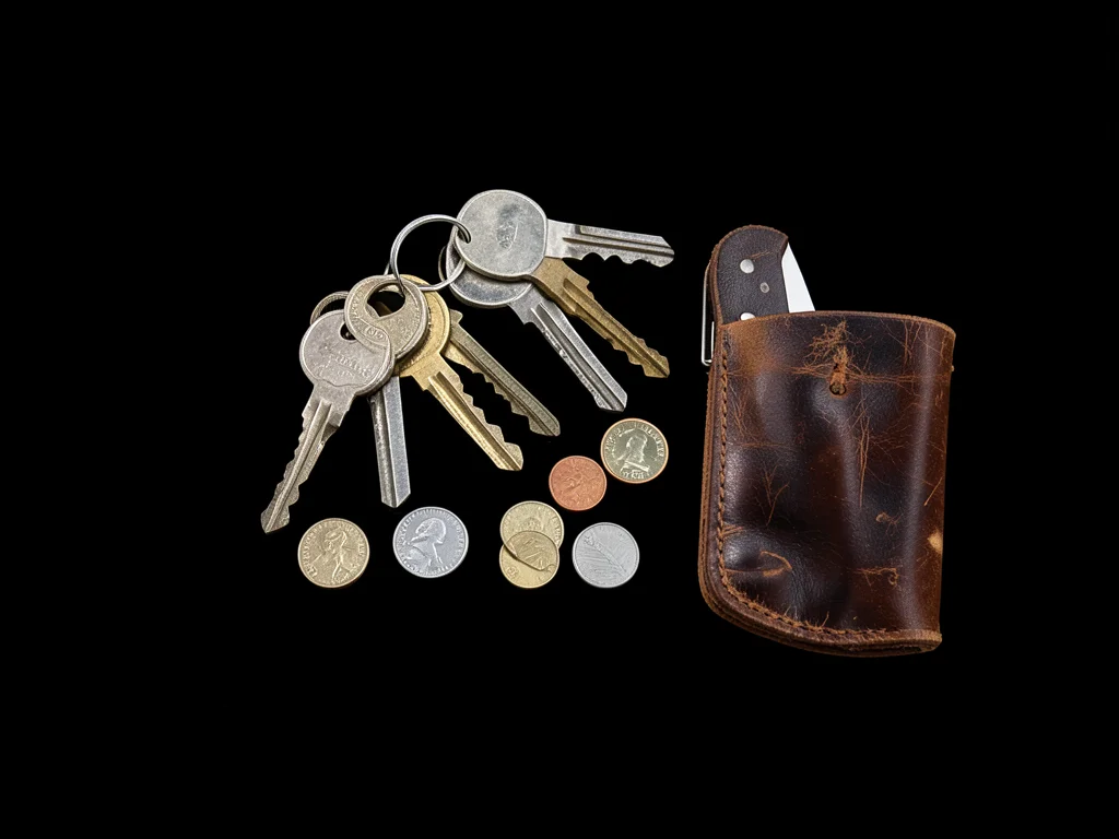 Flatbed scan of dad's pocket contents, keys, coins, pocketknife, worn leather