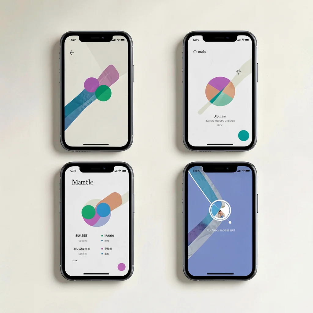 Screenshot grid of four phones forming a diamond shape, abstract fitness UI, sof