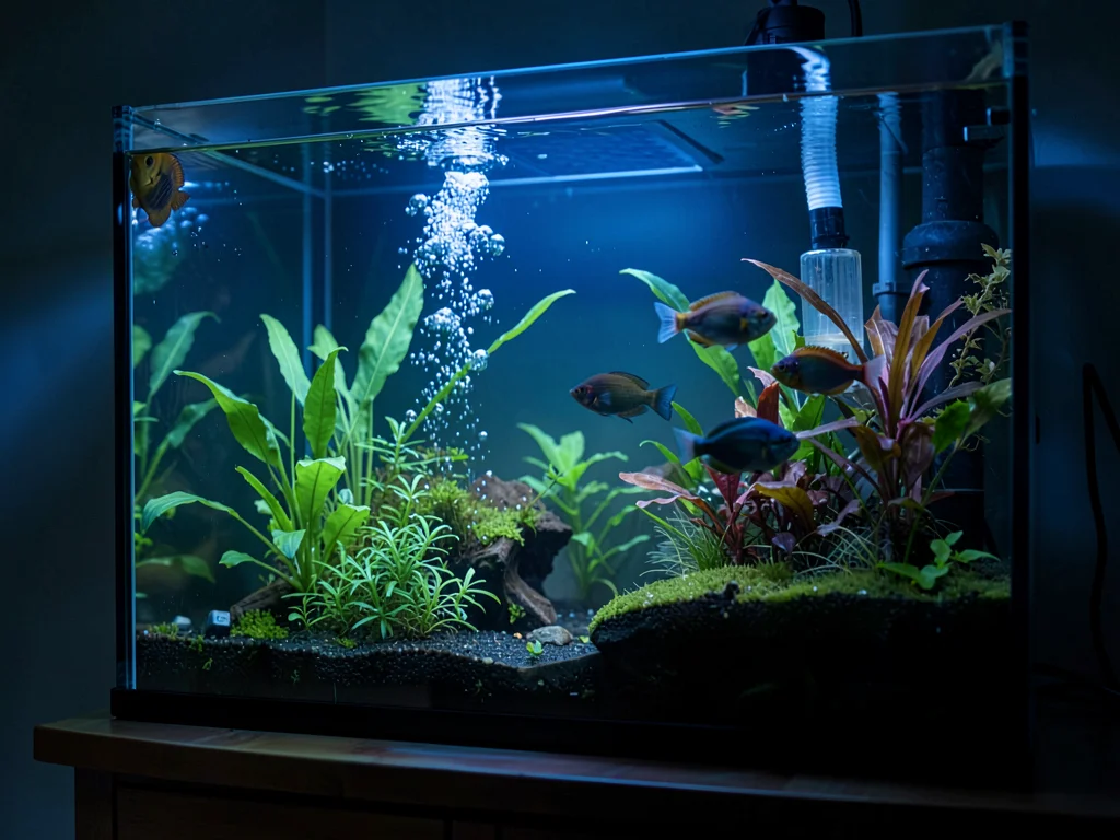 Planted tank detail, aquatic plants swaying gently, bubbles rising from airstone