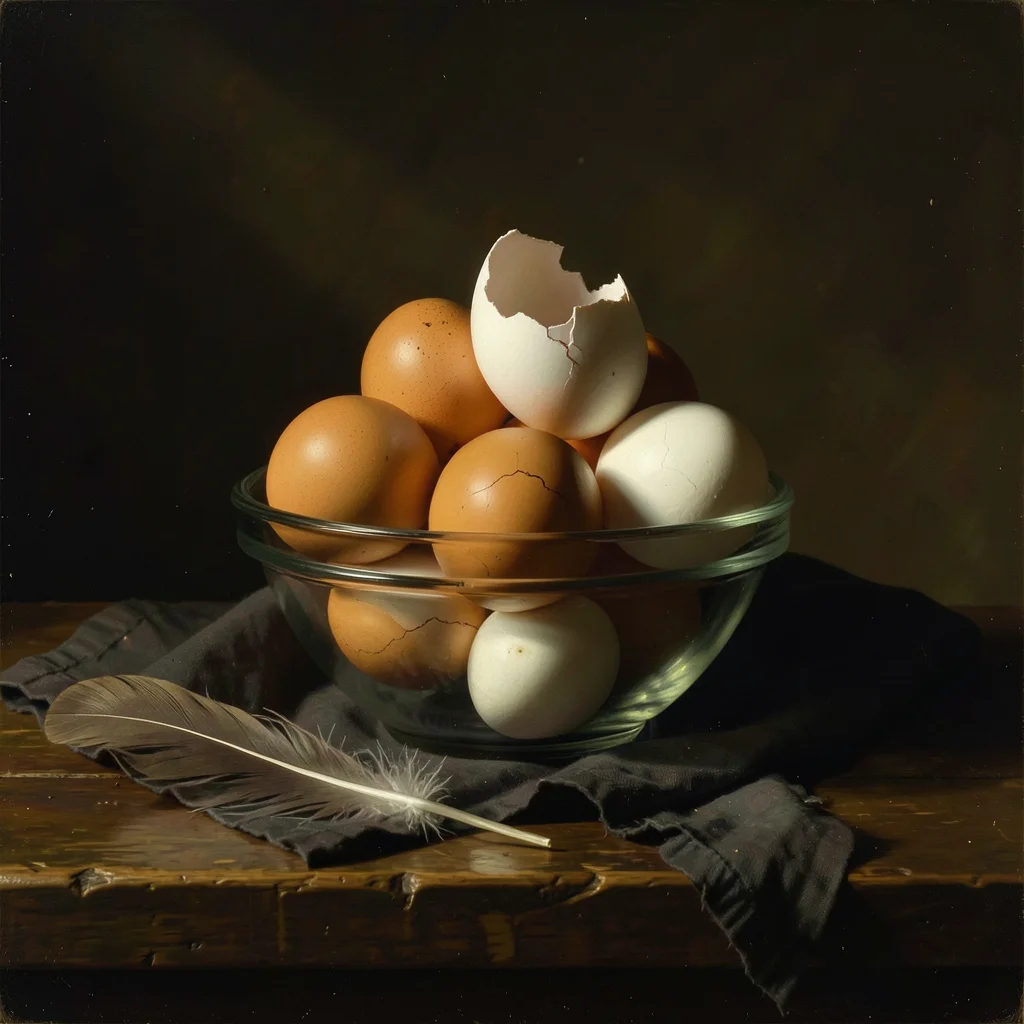 A glass bowl of supermarket eggs — nine brown and three white — arranged in a na