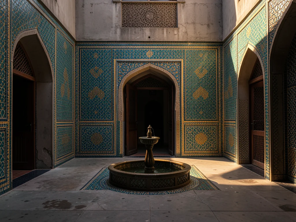 Elaborate zellige tilework in turquoise and gold, Moroccan riad courtyard, fount
