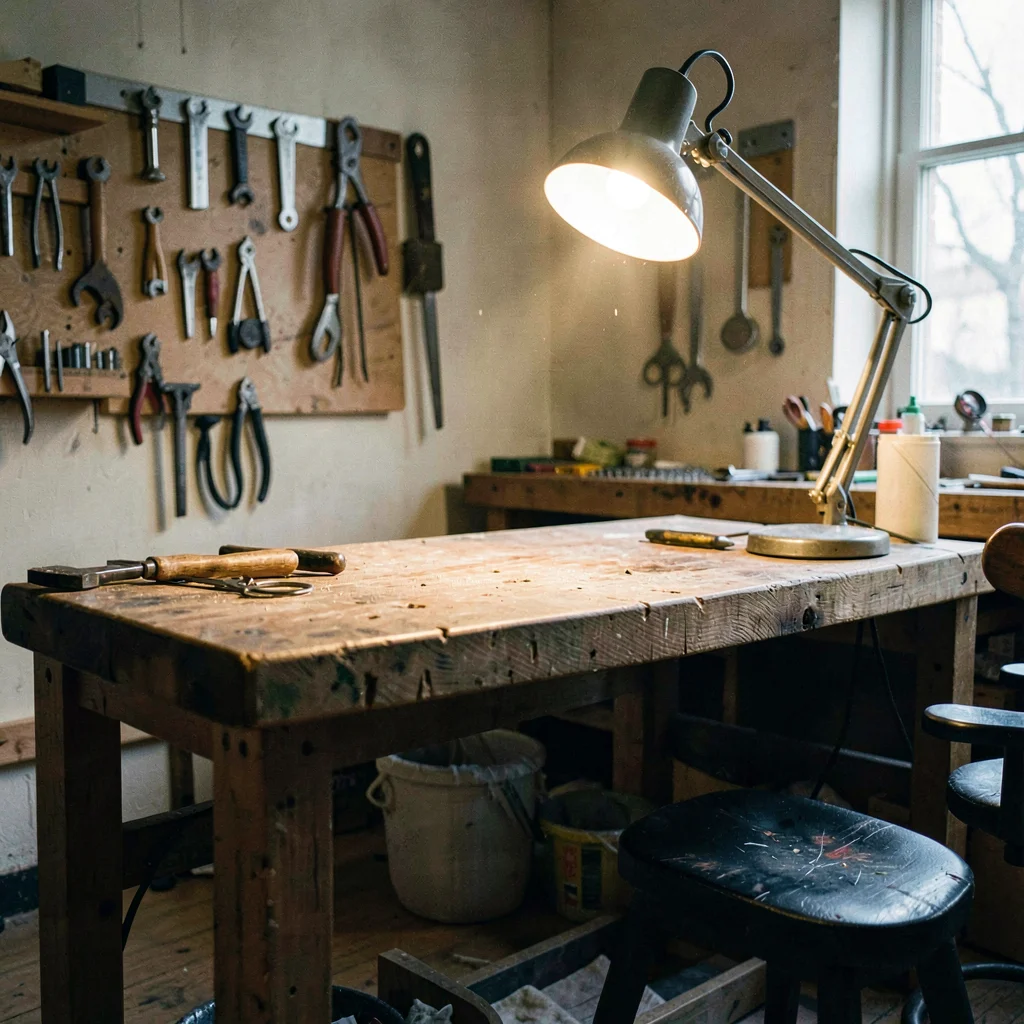 Interior of a workshop bench at the back of the shop with a warm task lamp on