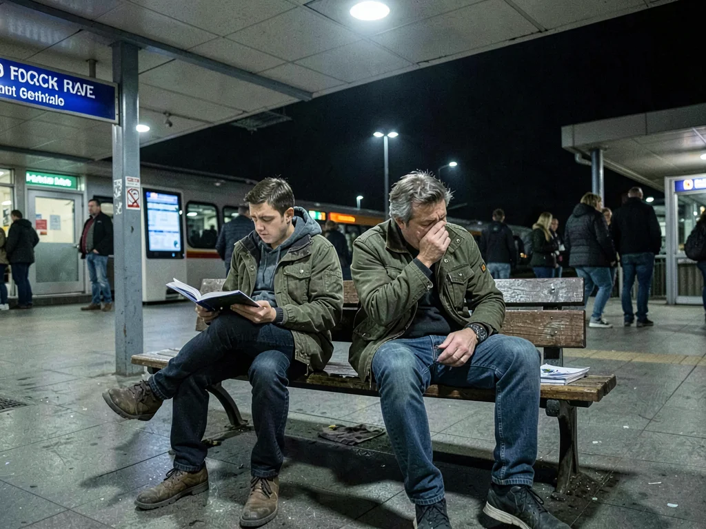 Two strangers sharing a bus station bench at 3am, one reading, one pretending no