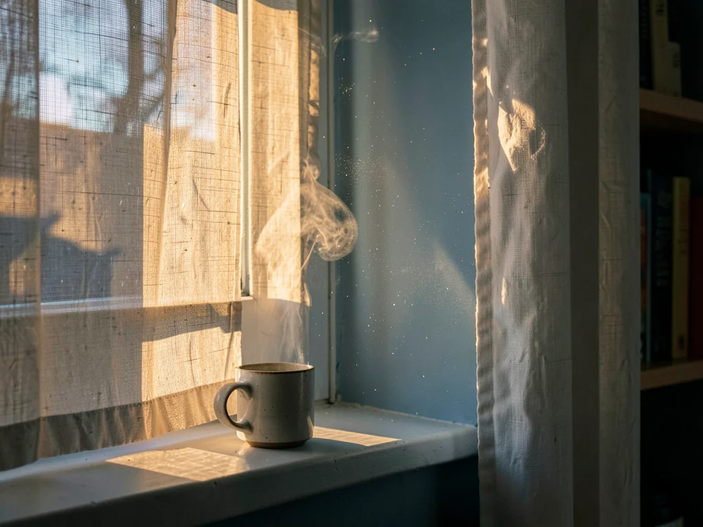 Coffee mug in morning light shaft