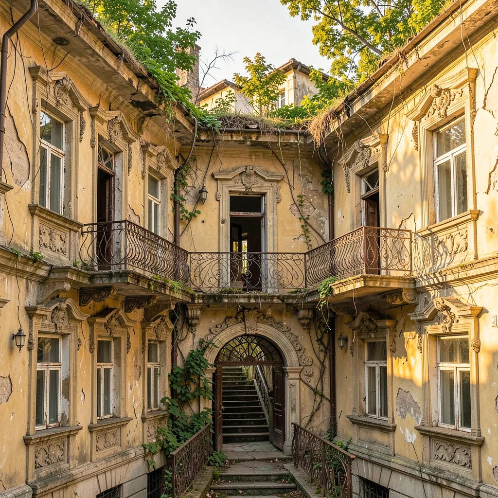 Crumbling Art Nouveau balconies in golden Tbilisi light, abandoned mansion stair