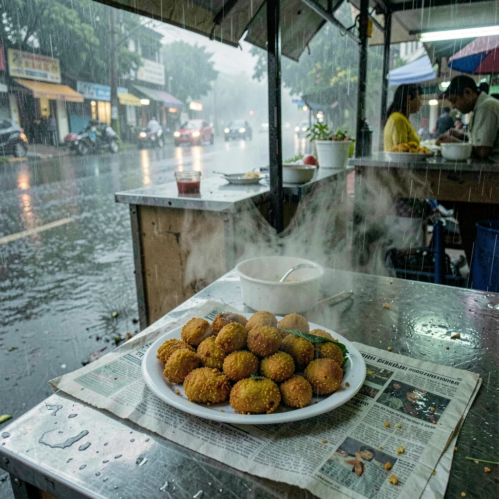 Monsoon season photograph, heavy rain atmosphere, A plate of hot pakoras on a ne