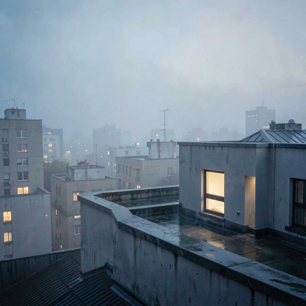 Rooftop view of a quiet city at predawn with a single lit office window, faint f