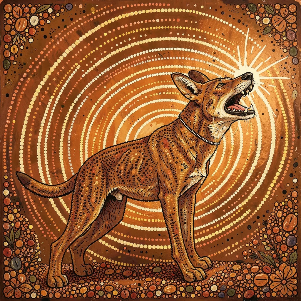 Indigenous Australian dot painting illustration, a dingo howling with sound wave