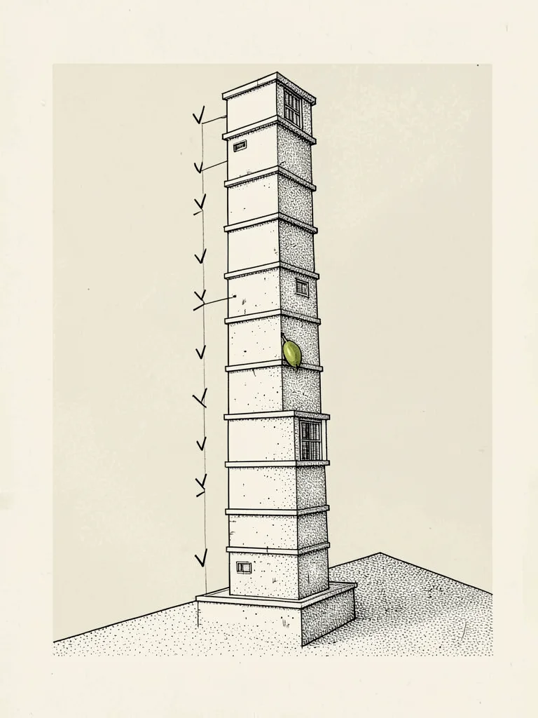 Architectural-style elevation of a tall thin tower of stacked modules with handw