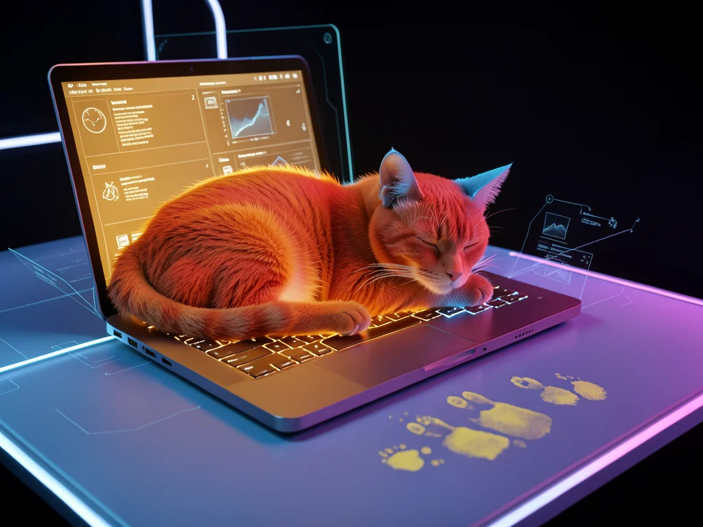 Thermal image of a cat sleeping on a laptop keyboard, the cat's body a warm oran