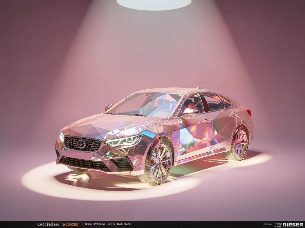Rose-quartz glass car parked under a soft museum spotlight against a dusk-pink g