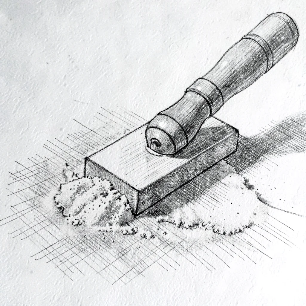 Pen-and-ink rendering of a screed board pulled across a sand bed, fine crosshatc