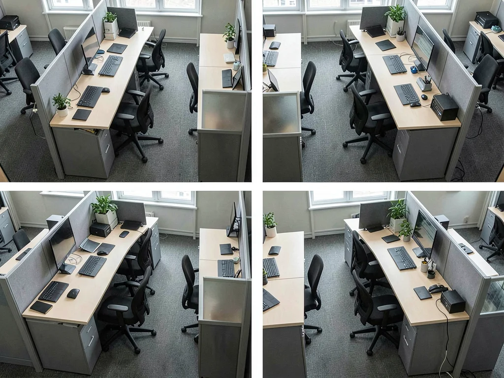 Office cubicles from above, each desk a mirror of the one beside it, individuali