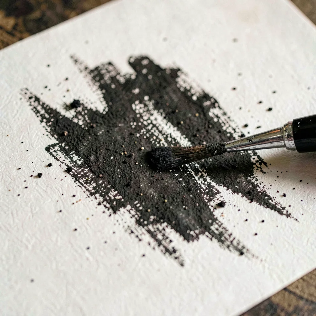 Macro study of a charcoal stroke smudged across textured paper, dust grains visi