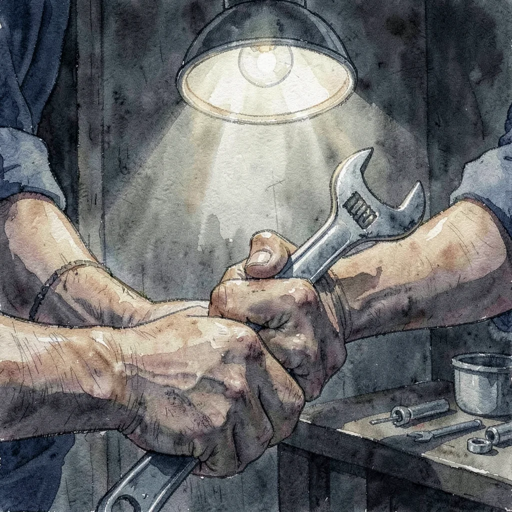 Atmospheric crop of a mechanic's hands gripping a wrench under a worklight, low-