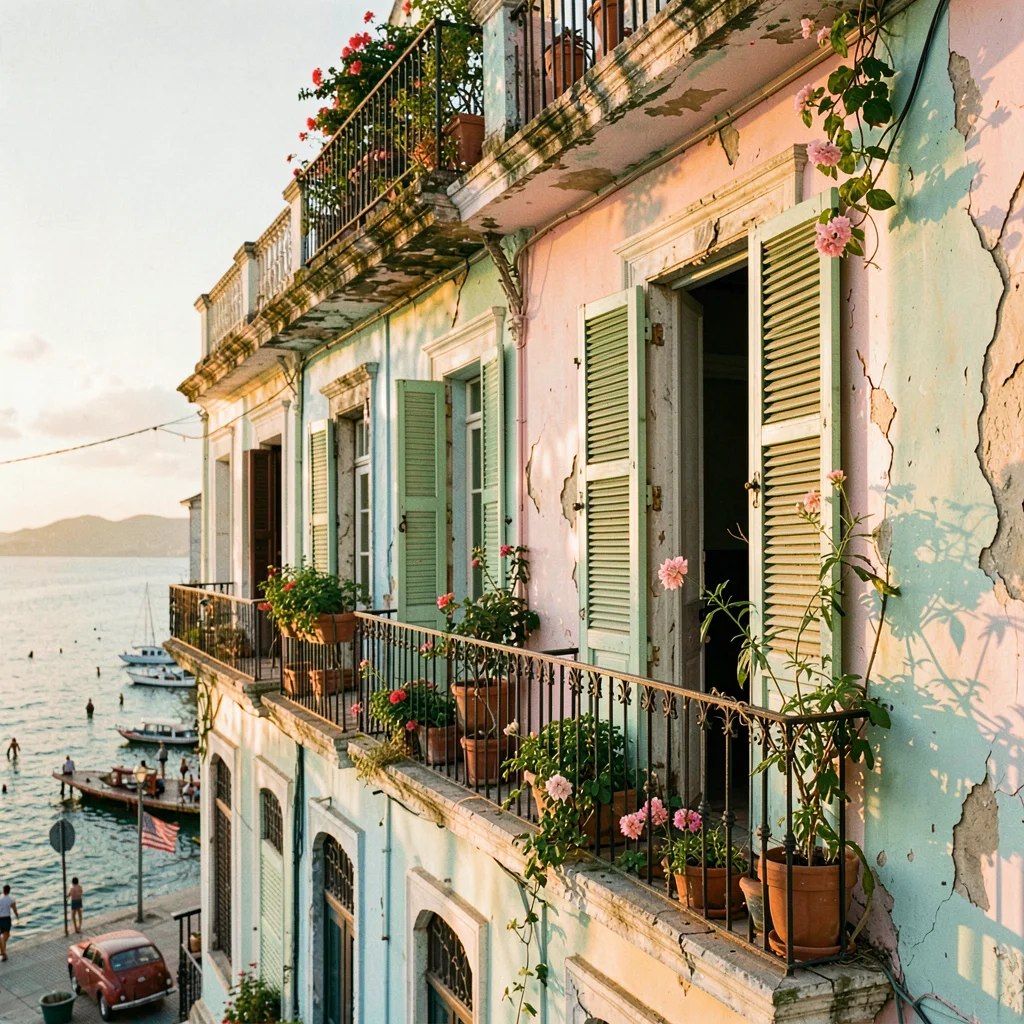 Faded pastel decay of Havana, Cuba, Balcony in Habana Vieja, iron railings, mint