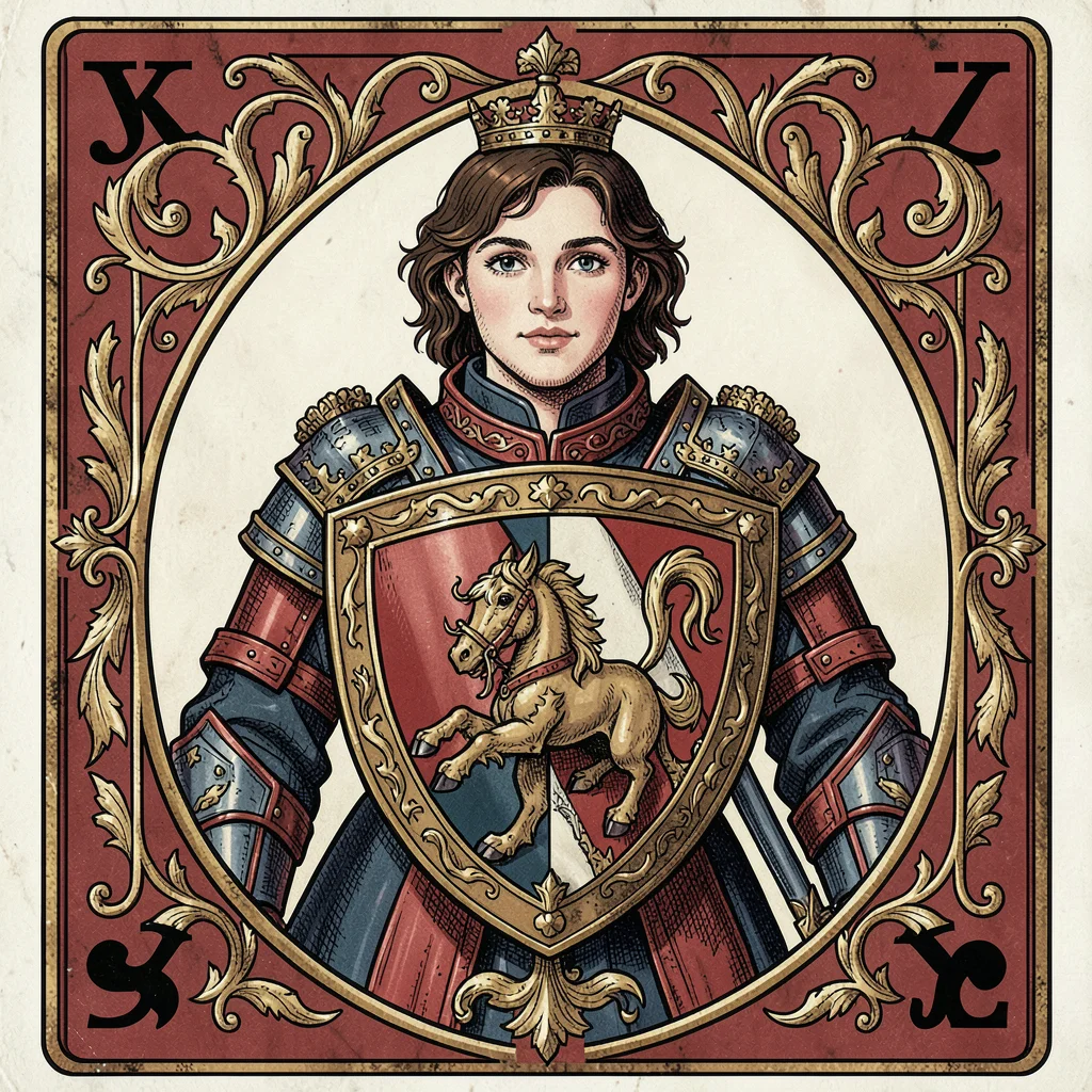 Playing card face illustration, Jack as young knight with heraldic shield , cour