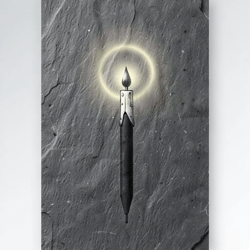 Vertical riso poster of a single candlestick with a halo glow on slate ground